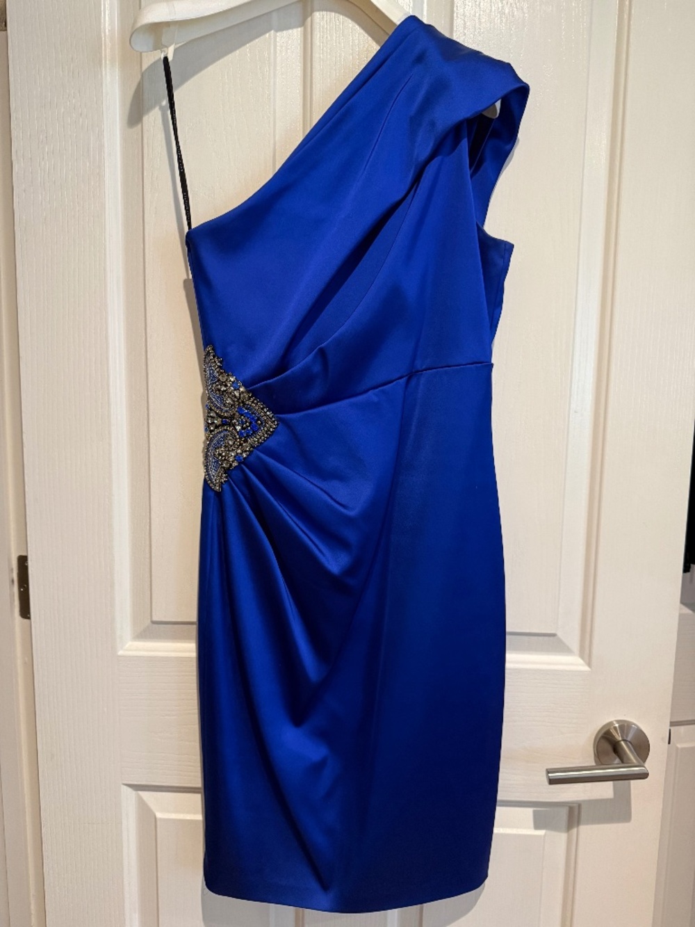 David Meister Cobalt blue asymmetrical dress with intricate beading at waist. 6